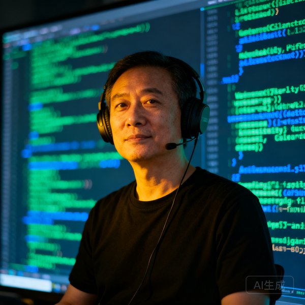 AI算法专家陈冲，穿黑色T恤，戴耳机，背后是巨大的数据代码屏幕